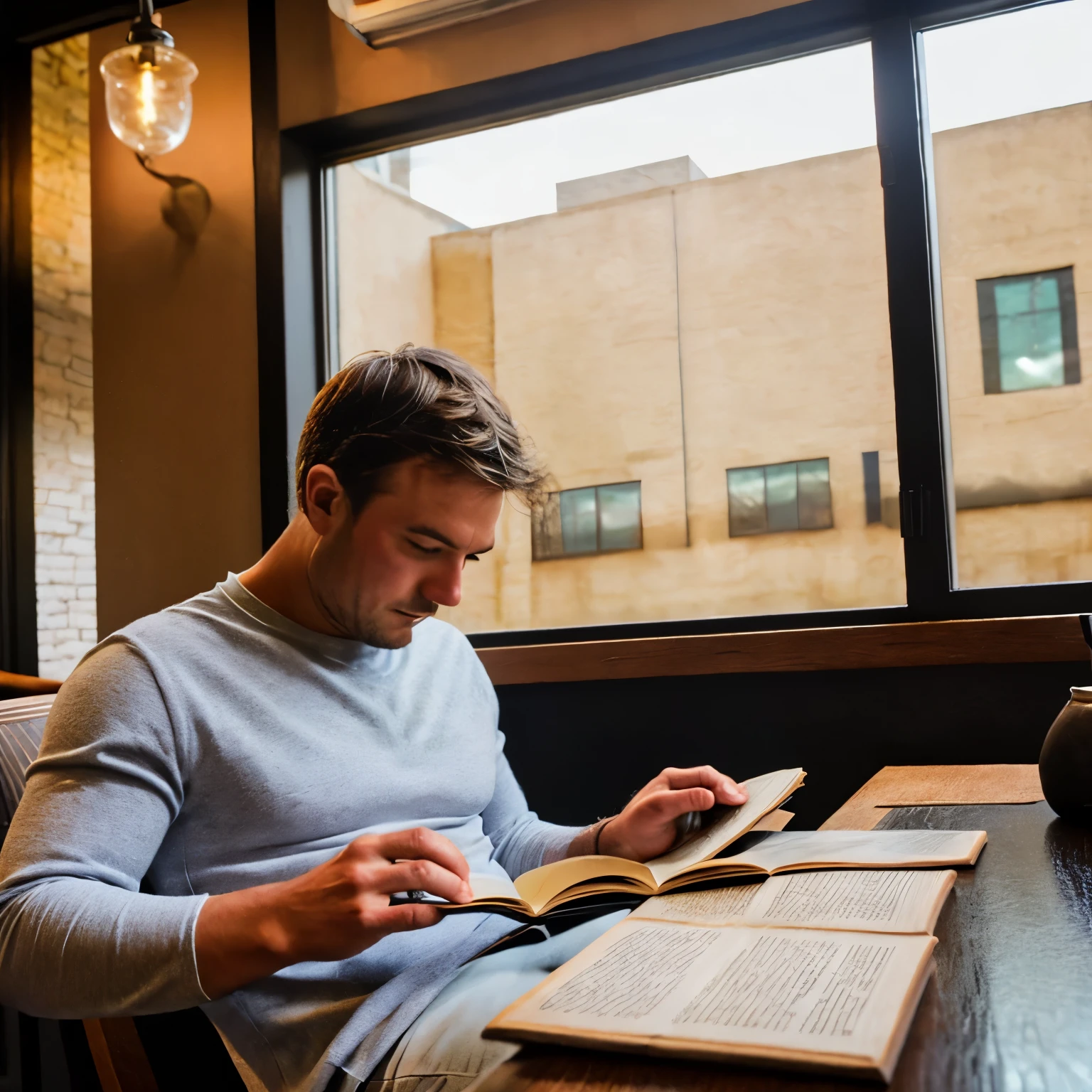 ninjatux is reading a book in a cozy coffee shop, wearing casual clothes, candid photography style, relaxed mood, lighting, natural light coming in through a nearby window, over the shoulder perspective.