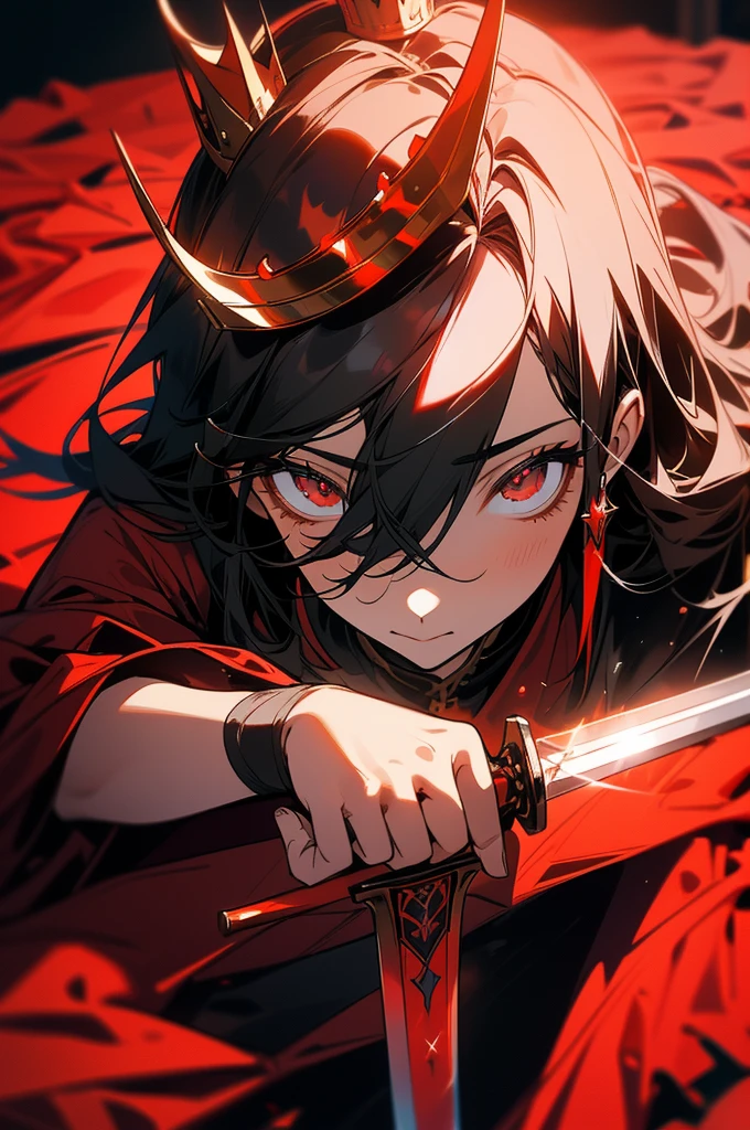 He wears a red crown on his head., A face that looks at me helplessly, Straight hair.Black hair, Sitting helplessly in a mysterious place , Eyes red,Wearing black and fancy clothes, Absolute beauty, A powerful energy like a god flows out, He holds a sword in one hand and the sword is lying on the floor.*