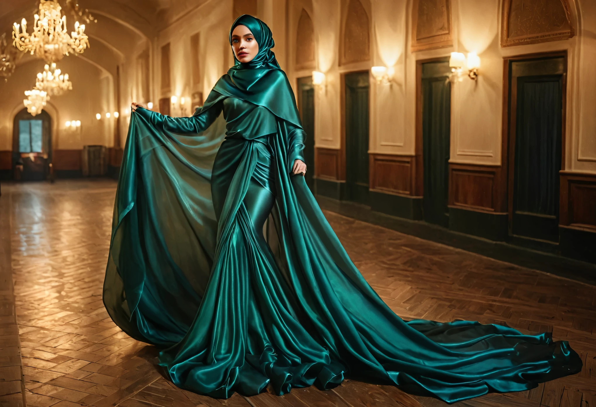 woman shrouded in a 10-meter-long, plush dark green semi transparent satin shimmer cloth, tightly bound and grandly draping along the form of her body,m, flowing off into a pooled floor-length train, styled in a mermaid-inspired outfit, her head modestly veiled in a satin hijab,walk in trafic light, a full-body pose conveying a sense of mysterious elegance, captured in a 4k resolution, ultra-realistic, (best quality,4k,8k,highres,masterpiece:1.2),ultra-detailed,(realistic,photorealistic,photo-realistic:1.37),HDR,UHD,studio lighting,ultra-fine painting,sharp focus,physically-based rendering,extreme detail description,professional,vivid colors,bokeh,portraits,fantasy,cinematic lighting
