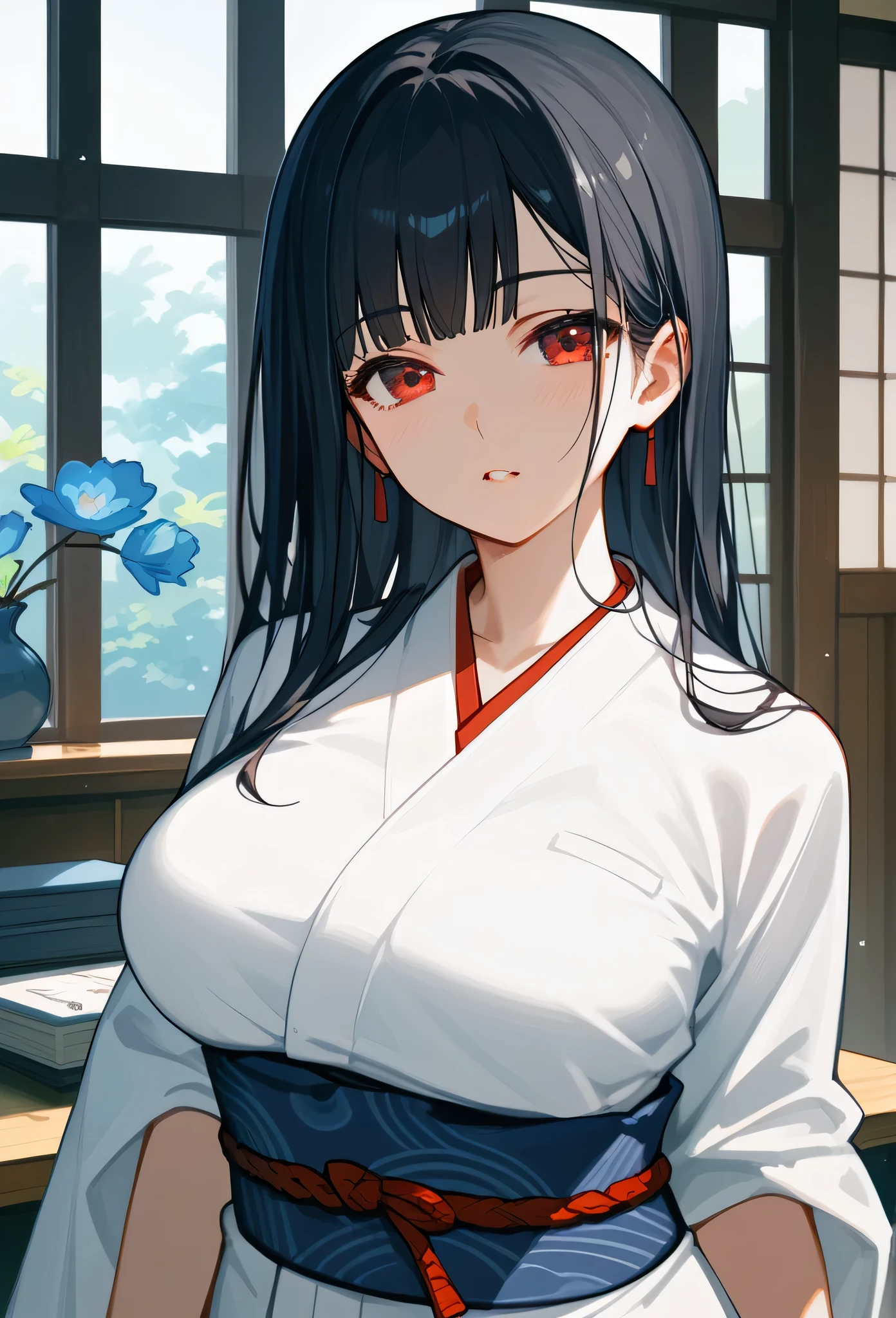 [Name("Uzura"), Appearance("Medium height" + "busty" + "long black hair" +"red eyes" + "woman" + "fair skin"), Wardrobe(The outfit consists of traditional Japanese attire, featuring a white kimono with a dark blue interior and sash), Accessories("), Environment("Ryokan" + "Japanese inn" + "receptionist desk"), Expressions("thinking"), Pose("daydream" + "lost in taught"), Tags:()]