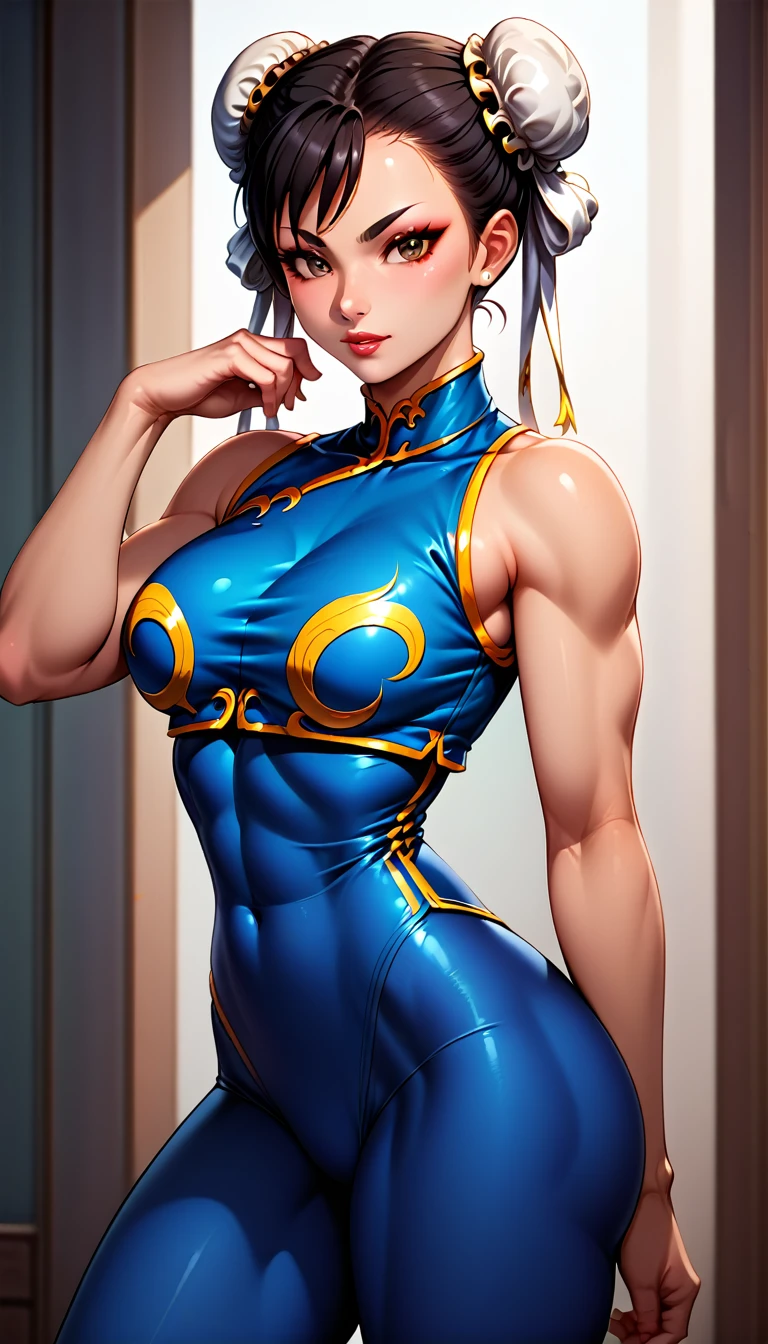 score_9, score_8_up, score_7_up, BREAK, score_9, 1girl, chun-li (\street fighter)\, black hair, brown eyes, makeup, eyelashes, short hair, breasts, looking at viewer, standing pose, lips, alpha_costume, blue bodysuit, blue leotard, blue vest, sleeveless, cowboy shot