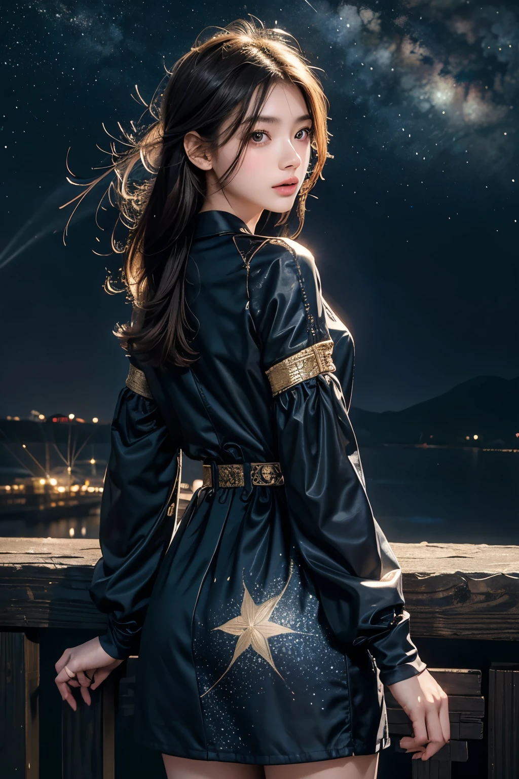 masterpiece, Best Quality, One girl, Alone, Guizhong City_Genshin Impact, default_dress, From behind, Starry sky print, The sleeves reach up to the wrists、Look back、Detailed face、Detailed faceの造り、Super beautiful face、Super beautiful girl