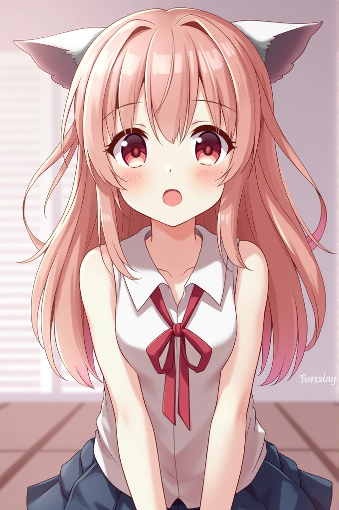 1girl, evil neuro-sama red eyes, light brown hair, ahoge, two side up, hair ribbon, dark red ribbon, heart hair ornament, bottomless, shirt, naked shirt, nude, short sleeves, (masterpiece, best quality), highly detailed, finely detailed, blurry background, simple background, depth of field, backlight, light particles, bokeh, cat ears, open mouth, tongue out, collarbone, bare shoulder, no panties, sweat, steaming body, heavy breathing, fellatio gesture, looking at viewer,