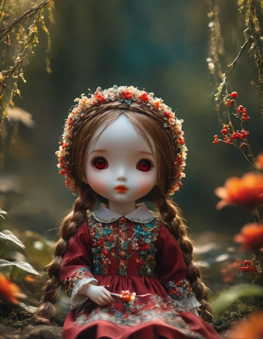 (masterpiece, Best quality: 1.2),1 horror clay doll，Delicate red eyes,giggle，,(),，Take a knife，Low light，The Forest,，Horror atmosphere,Ultra HD, masterpiece, High Detail, high quality, Best quality, high resolution