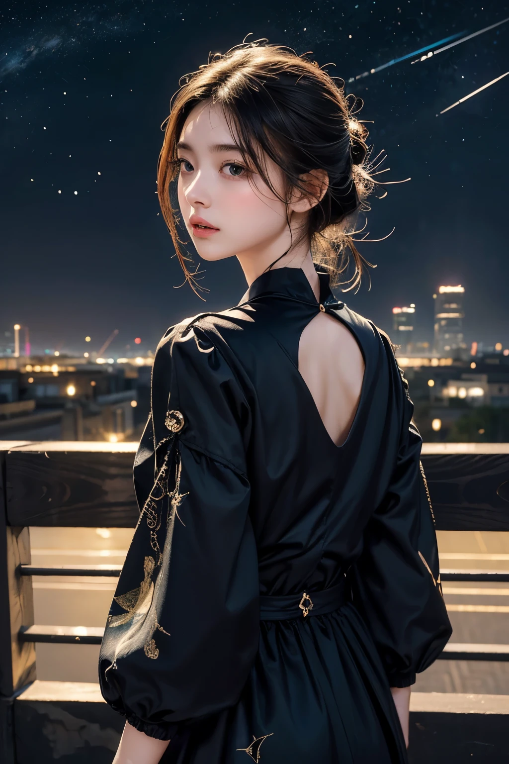 masterpiece, Best Quality, One girl, Alone, Guizhong City_Genshin Impact, default_dress, From behind, Starry sky print, The sleeves reach up to the wrists、Look back、Detailed face、Detailed faceの造り、Super beautiful face、Super beautiful girl