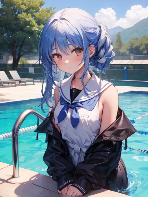 masterpiece, best quality, illustration, highres, absurdres, ultradetailed, highly detailed eyes, shiny, shiny skin, bright eyes, pantyhose, cowboy shot, school uniform, long hair, swimming pool, wet clothes, tight clothes <lora:UnstableWaifusion:1>