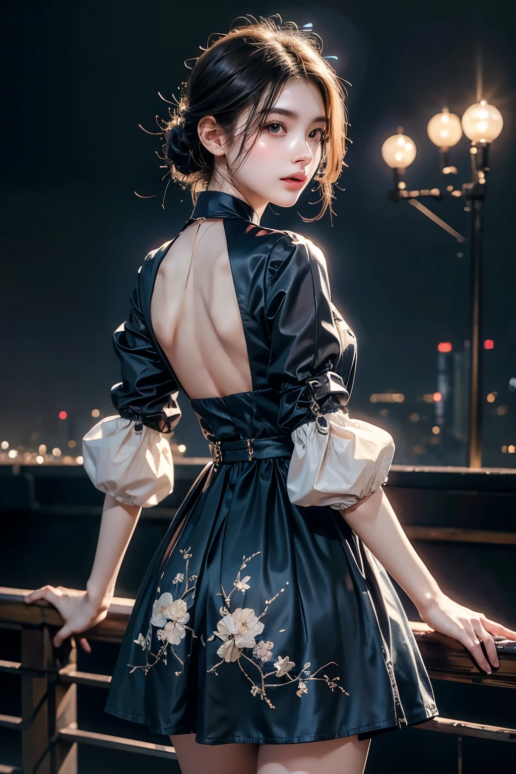 masterpiece, Best Quality, One girl, Alone, Guizhong City_Genshin Impact, default_dress, From behind, Starry sky print, The sleeves reach up to the wrists、Look back、Detailed face、Detailed faceの造り、Super beautiful face、Super beautiful girl