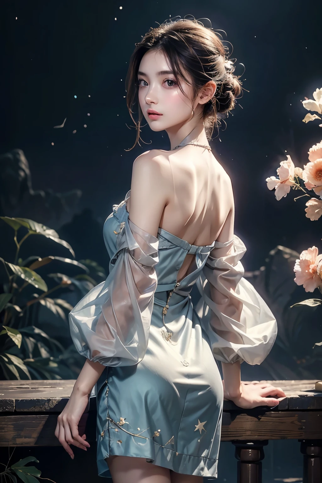 masterpiece, Best Quality, One girl, Alone, Guizhong City_Genshin Impact, default_dress, From behind, Starry sky print, The sleeves reach up to the wrists、Look back、Detailed face、Detailed faceの造り、Super beautiful face、Super beautiful girl