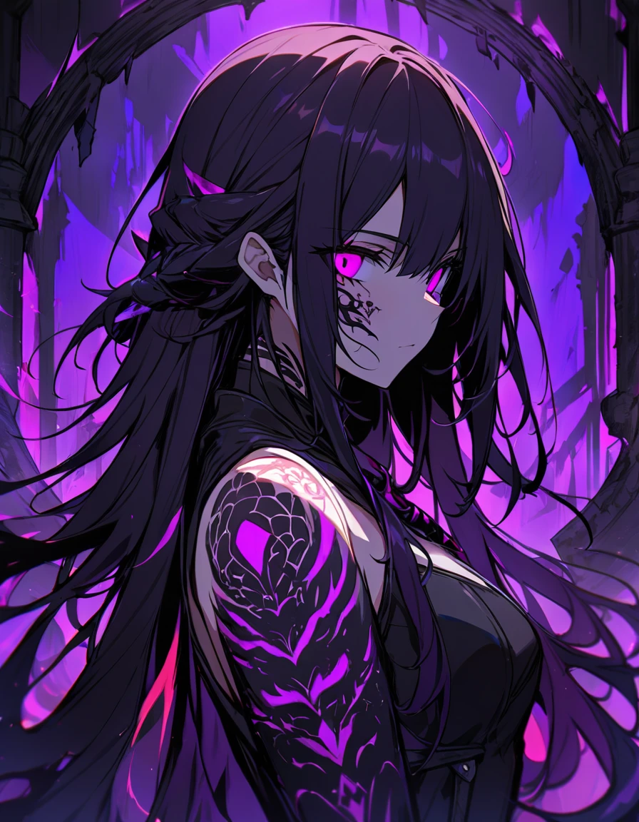 1girl,portrait, assassin, dark fantasy , long flowing hair in shades of black and purple, tribal Tattoo on the face, a sleek black leather outfit which including dragon tattoos on her arms.  dimly underground chamber, back view but slightly looking at viewer,(dynamic Light from torches), stealth atmosphere. The color palette is predominantly dark and moody, with hints of red and purple accents , depth and texture to the overall composition,(masterpieces:1.4),(best quality:1.5),(anatomy perfect)