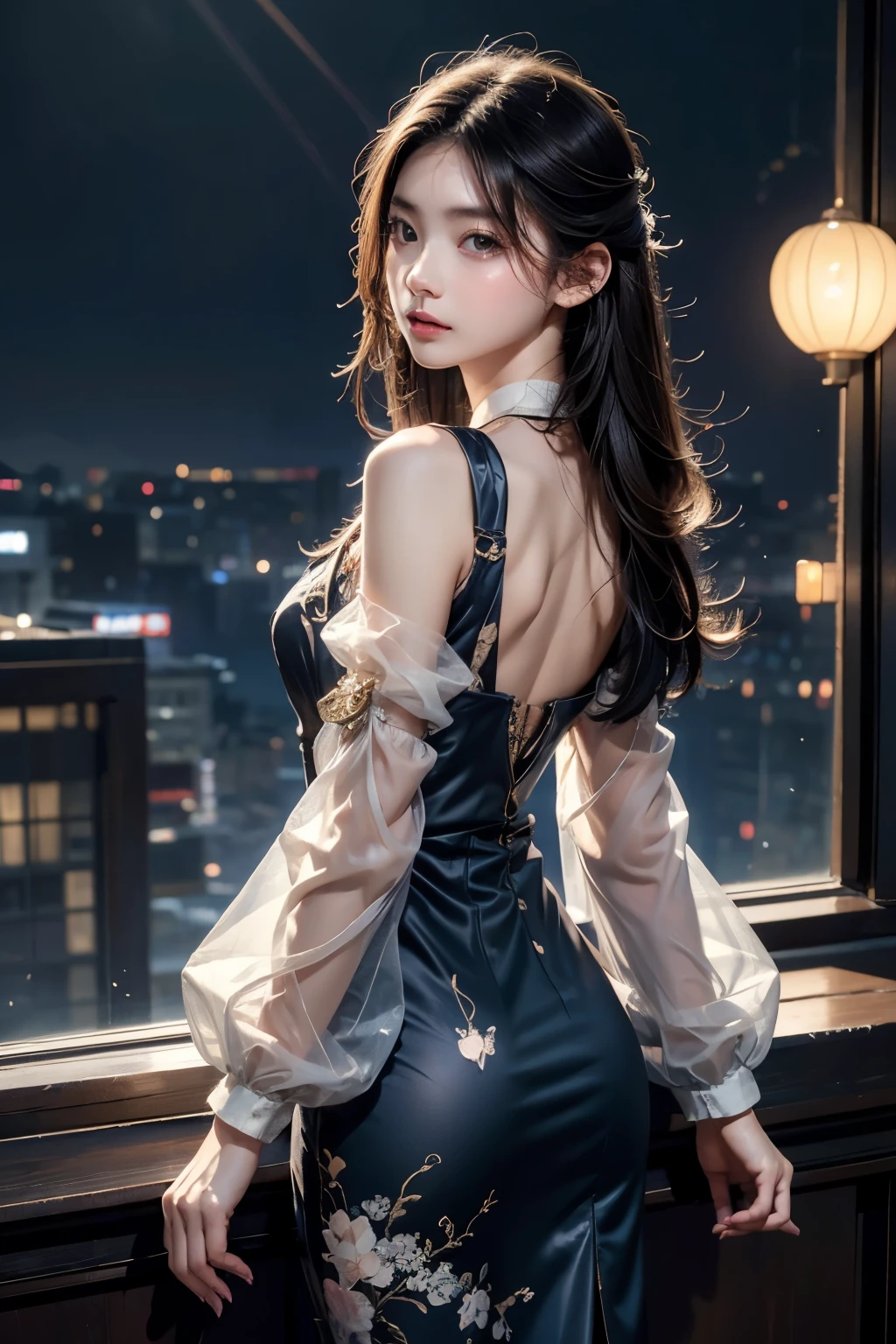 masterpiece, Best Quality, One girl, Alone, Guizhong City_Genshin Impact, default_dress, From behind, Starry sky print, The sleeves reach up to the wrists、Look back、Detailed face、Detailed faceの造り、Super beautiful face、Super beautiful girl