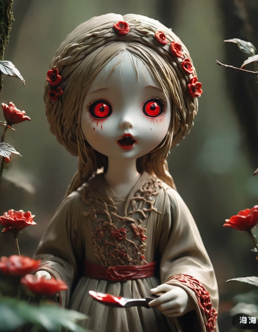 (masterpiece, Best quality: 1.2),1 scary clay figurine，Delicate red eyes,giggle，,(),，Take a knife，Low light，The Forest,，Horror atmosphere,Ultra HD, masterpiece, High Detail, high quality, Best quality, high resolution