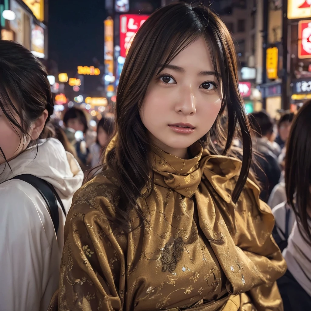 top-quality, ​masterpiece, high-detail, 16k picture quality, Detailed background, Small eyes、In the heart of Tokyo's vibrant cityscape, Stunning women between the ages of 27 and 40 gracefully adorn themselves . Tokyo at night、Girlfriend on a busy street corner, Her eyes lock us with a seductive gaze. Her dress, Perfect fit and charm, Emphasizes her bountiful breasts and elegantly tapered waist. Her hair, Beautiful shades of light brown, flowing like silk, Framing her striking features. This seductive woman、Has an attractive charm that attracts the attention of everyone around her. The dazzling neon signs of the bustling metropolis shine brightly, Make her hair shine with ethereal beauty. In this scene, In the hustle and bustle of the city, She stands as a beacon of charm and sophistication, Where the lights of the city dance in harmony with her beauty, Creating a tableau of timeless elegance in the heart of Tokyo.