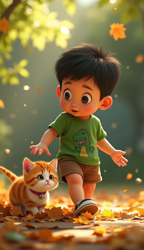 Realistic portrait of a seven year old boy, He wears a red shirt . Your face is and exploratory . He cautiously goes out into the garden of the house, A small cat is among the bushes and he touches it cautiously ,Not facing the camera,, Hair is messy ,
