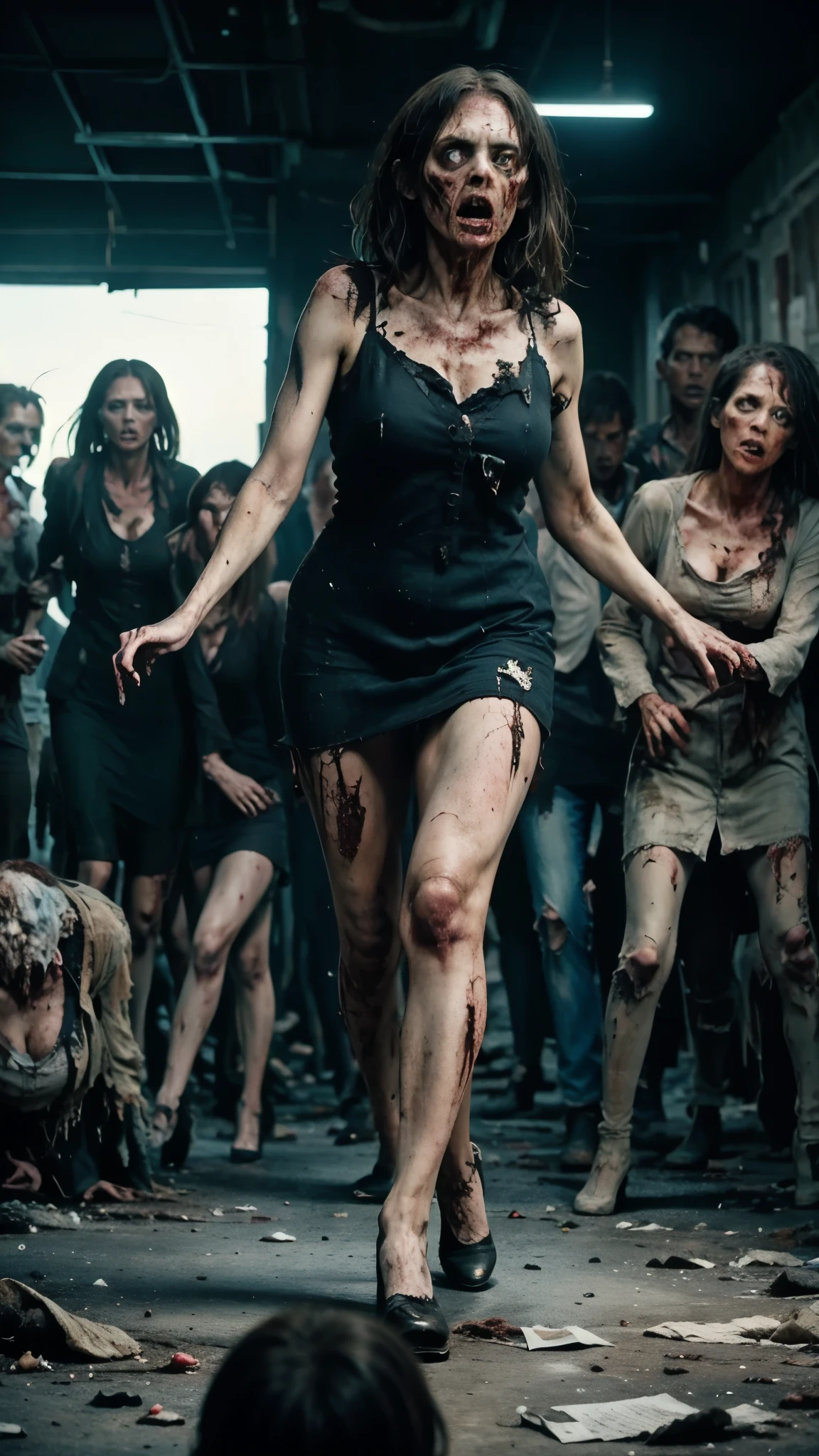 "Create an 8k horror movie poster featuring three women with big breasts wearing stylish crop office dresses—short blouses, tight skirts, and high heels—running in terror as they are chased by a group of zombies. The scene takes place in a dark, abandoned office building with broken lights, scattered papers, and overturned desks. The zombies are grotesque, with decaying flesh, torn clothes, and hauntingly blank eyes, reaching out toward the fleeing women. The women are in the foreground, with expressions of fear and desperation as they run. The atmosphere should be tense and chaotic, with dramatic, eerie lighting to emphasize the horror and the frantic chase."