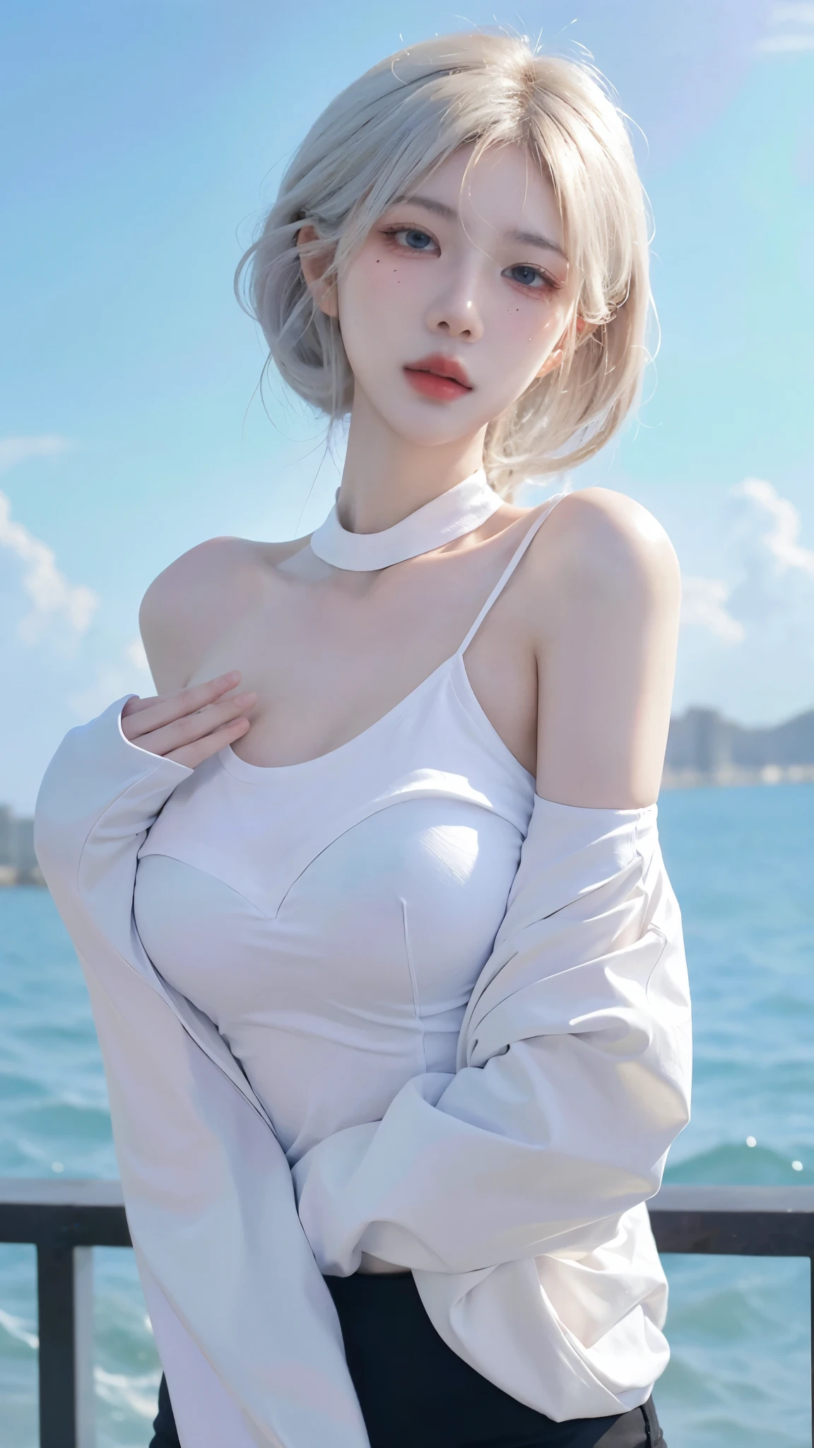 Beautiful woman with perfect figure:1.4,Layered hairstyle,White skin,Prominent cleavage,Bikini:1.5,Super short pleated skirt,whole body,Very delicate facial and skin texture,Double eyelids,Skin Whitening,Long white hair
