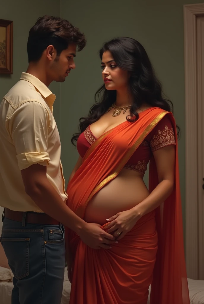 An Indian guy wearing coat pant kissing a naked pregnant Indian gil giving birth