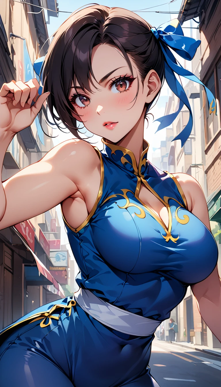 score_9, score_8_up, score_7_up, BREAK, score_9, 1girl, chun-li,street fighter, black hair, brown eyes, eyelashes, short hair, breasts, looking at viewer, standing pose, lips, blue bodysuit, blue leotard, blue vest, sleeveless, cowboy shot