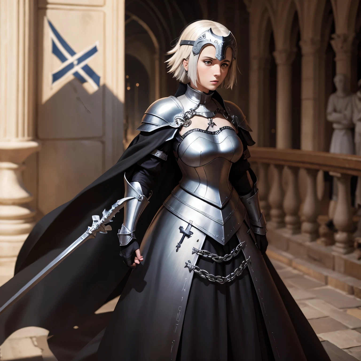 Jeanne D'Arc wearing a black battle dress with white cross designs 