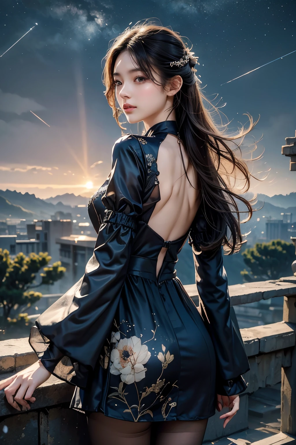 masterpiece, Best Quality, One girl, Alone, Guizhong City_Genshin Impact, default_dress, From behind, Starry sky print, The sleeves reach up to the wrists、Look back、Detailed face、Detailed faceの造り、Super beautiful face、Super beautiful girl