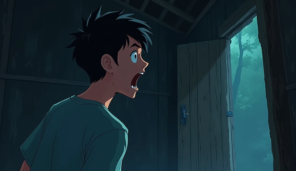 Black haired boy scared by seeing a ghost