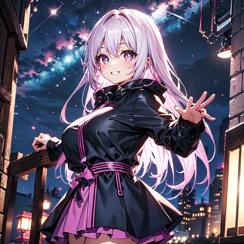 ((masterpeace)), ((high quality)), (((4k))), a girl, huge bast, fluffy pink hair, long hair, Having big round eyes, like anime girls face, smiling, beautiful fingers, fair skin, clear indigo eyes that seem to expand the universe in her pupils, wearing large black hooded coat, doing cute pose, She turns her palm toward us, as if inviting someone to join her, flying on beatfuly nweyork sky, dark andａfew light in back grownd, midnight, beautiful night view of a big city