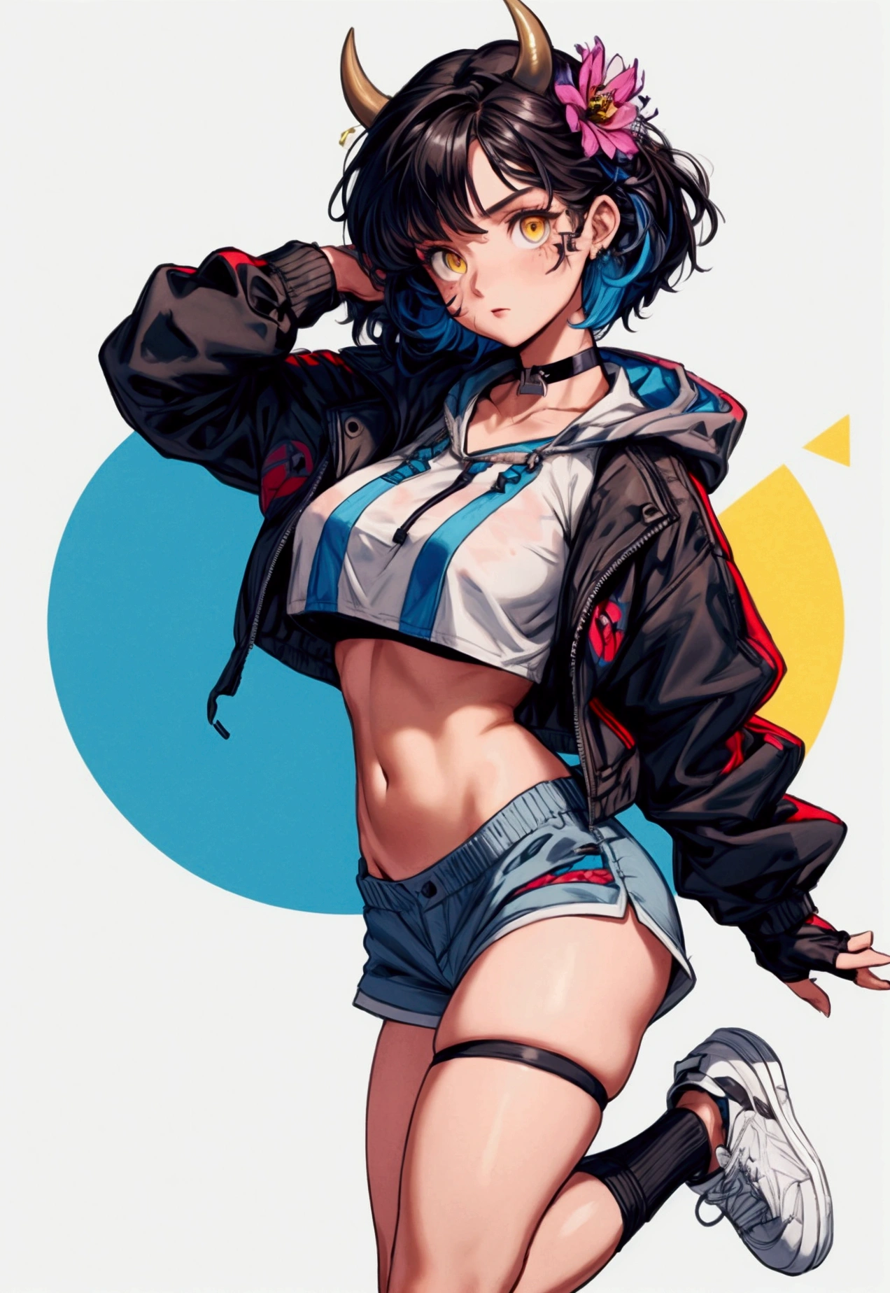 popart style,flat color,Dance,Artistic jump,break dance,Strenuous movements,vibrancy,on mirror-ball planet,solo,Fluttering hair,,a small face,hason,16yo,Brig smile,half-open mouth,BREAK,(navy hair,wavy short hair),(cropped cargo pants,hoodie,platform sneakers),(delicate detailed fingers,Detailed body,detailed arms,human hand),(beautiful Detailed face),dynamic pose,enjoy dancing,