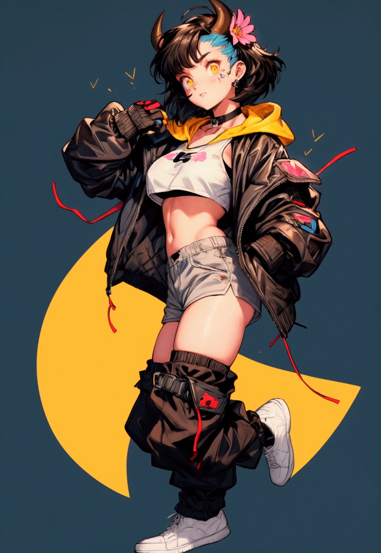 masterpiece, best quality, highres, "A solo shot featuring 1girl, rebecca \(cyberpunk\) showcasing her skill as a rapper.. flexing sick cash money gold chains grillz bling yo!" gang signs ,