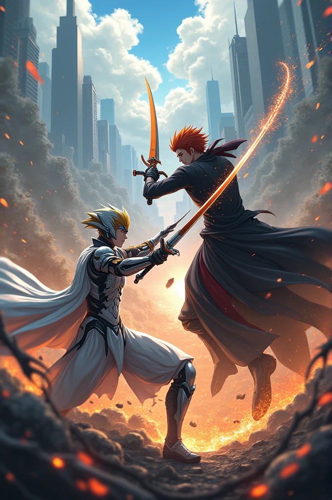 In a dramatic scene where the chaos of battle has settled, the background features a subdued Fire Embodiment. The once fierce flames have diminished to a soft, warm glow, casting a gentle light across the scene. The Fire Embodiment, now appearing tranquil and calm, provides a realistic depiction of a fiery entity with glowing embers and faint, flickering flames that add a touch of warmth to the environment.
In the foreground, the three heroes—Voltex, Valis, and the Fire Guardian—are captured in a moment of shared triumph. Voltex, with his long black hair flowing realistically in the breeze, stands with a look of genuine satisfaction and relief. His outfit, a dark, intricately designed armor, has realistic textures and shadows, highlighting his battle-worn appearance.
Valis, dressed in gothic black armor with blood-red gemstones, is depicted with a rare smile. His intense crimson eyes and detailed facial features are illuminated by the soft light of the Fire Embodiment, reflecting his sense of victory and calm after the battle.
The Fire Guardian, a striking man in a flame-patterned tunic, shows a mix of joy and relief. His sword, with realistic metallic reflections and intricate designs, is held casually by his side, adding to the authenticity of the scene.
The three figures are engaged in a realistic celebratory gesture, such as a handshake or high-five, symbolizing their camaraderie and victory. The scene is illuminated by the warm, soft glow of the Fire Embodiment, providing a naturalistic light that enhances the real-world texture and detail of the characters and their surroundings.
The overall composition blends the intense, realistic aftermath of battle with the subtle, fantastical warmth of the subdued Fire Embodiment, creating a scene that feels both grounded and magical.