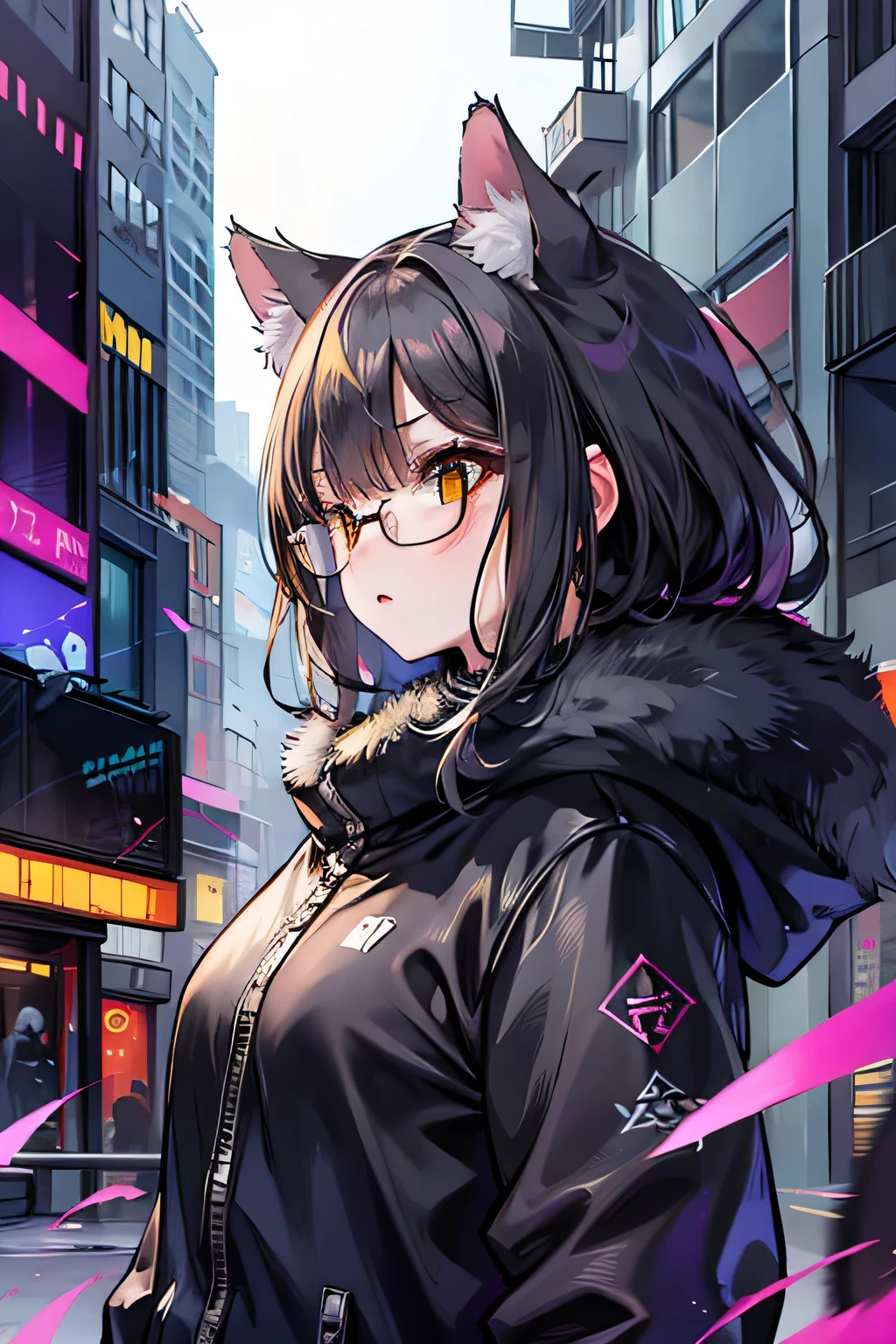 One cat　animal　Plump　Golden Eyes　Wears black-rimmed glasses　A defiant look　profile　Grey and black fur　Golden Eyes　The background is a cyberpunk cityscape