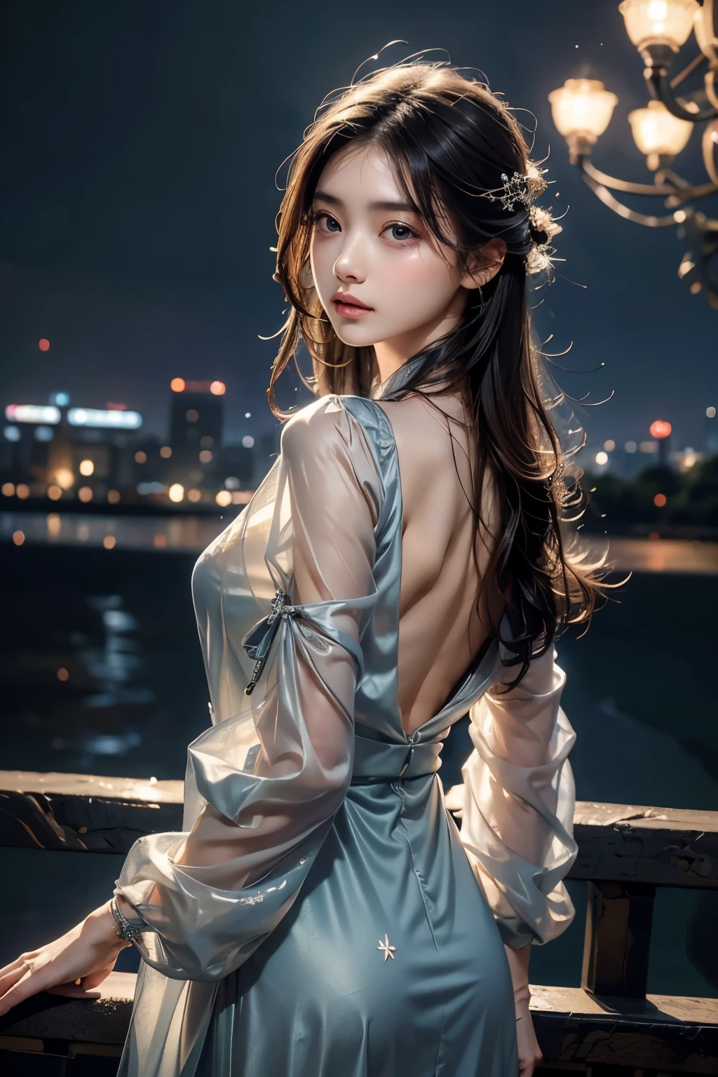 masterpiece, Best Quality, One girl, Alone, Guizhong City_Genshin Impact, default_dress, From behind, Starry sky print, The sleeves reach up to the wrists、Look back、Detailed face、Detailed faceの造り、Super beautiful face、Super beautiful girl、Cute face、Realistic Face