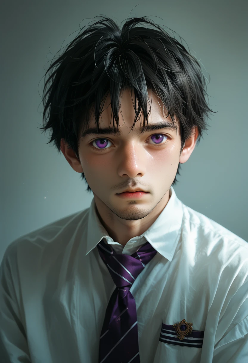 Young man in school uniform, with purple eyes and dark black hair, studied seriously.