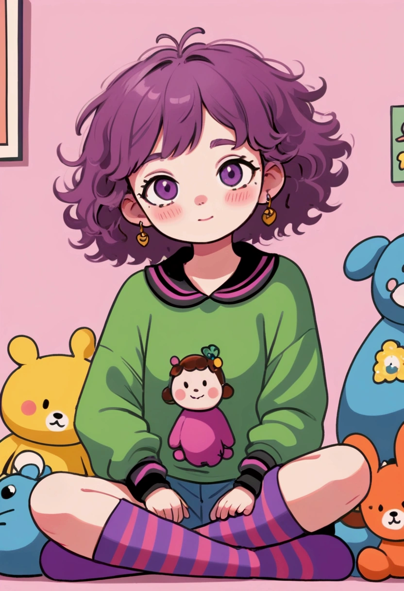 smiling, short curly hair, purple beanie hat, purple sweater with green collar, purple and black striped socks, colorful slippers with cartoon characters, sitting pose, surrounded by stuffed toys, looking at the camera, rosy cheeks, smooth skin, light pink background, indoor environment, soft light with no harsh shadows, playful, cozy and cheerful atmosphere, front view, no visible motion blur, digital illustration.