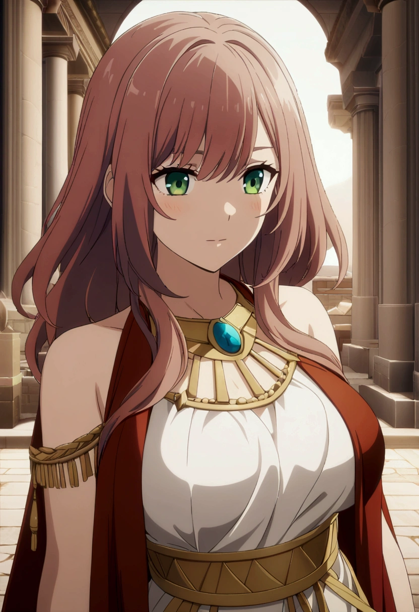 RAW photo, high quality, 1 girl, adult [russian:japanese:0.3] woman, hazel eyes, dark red wavy hair, Style-GravityMagic, portrait, solo, (full body:0.6), looking at viewer, detailed background, detailed face, (OldEgyptAI, ancient egyptian theme:1.1) middle-eastern desert ruler, orange persian armor, embroidered clothes, regal headdress, mosaic patterns walking, arabic culture, desert dunes in background, desert storm, cinematic atmosphere,