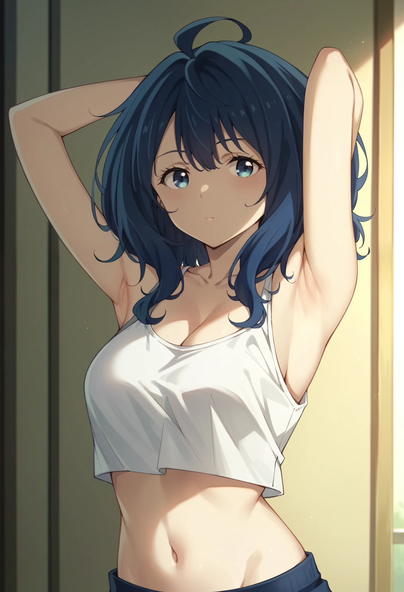 yanamianna, medium hair, ahoge, middium breasts,blue hair,blue eyes, presenting armpit, collarbone, hair between eyes presenting armpit, navel