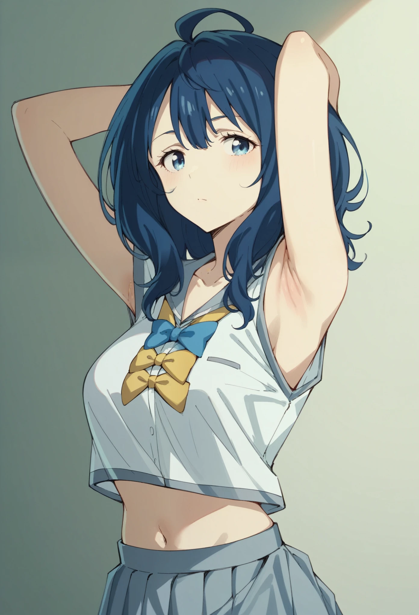 yanamianna, medium hair, ahoge, middium breasts,blue hair,blue eyes, school uniform, presenting armpit, collarbone, hair between eyes presenting armpit, navel