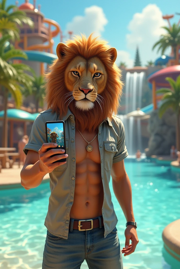 cartoon lion, AlexLion, male, solo, room background, detailed background,4k, 8k, photorealistic, high res, high-quality lighting, ultrarealistic, realistic fur, detailed fur, perfect hands, detailed hands, realistic eyes, perfect eyes, detailed eyes, white iris, light blue pupil,full body image, friendly smile, muscular body, six pack abs, wears a knee-length denim cargo shorts, bare feet, lying on the bed, selfie, shy look
