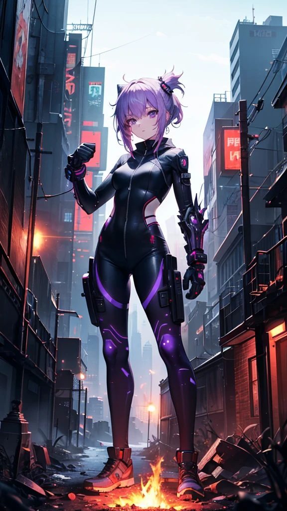 (Tabletop), (The perfect athletic build:1.2), Anime Style, whole body, Cyberpunk Girl,  Wearing a cyber costume, Black and purple flaming fist, Burnt Mechanical Limbs, Standing in the Wilderness, There&#39;s a fire burning in my chest, White background, whole body, Arnoel, Medium Hair, Green Eyes, Hairbands, Blue Collar, Shoulder Armor, Clevis, Mole on chest, Dress in Armor, Chest belt, Gold border, Fingerless gloves, Black gloves, Tea belt, Pouch, Pelvic Curtain, Black knee socks