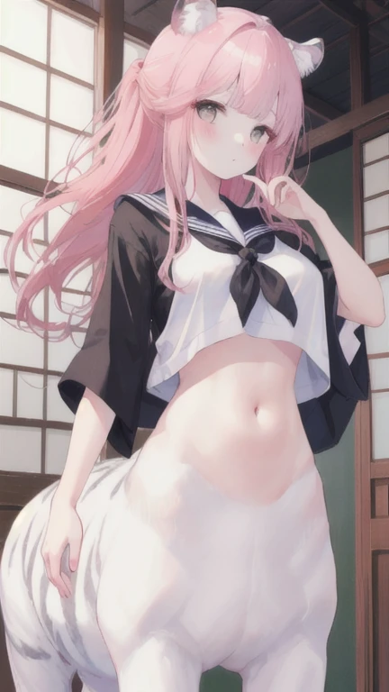 (best quality, masterpiece), 1 girl, centaur, I beg, White skin, Japanese schoolgirl,daughter,black pink, exposing the abdomen, belly button t-shirt , beautiful girl perfect, White tiger photo, Perfect Bath Picture