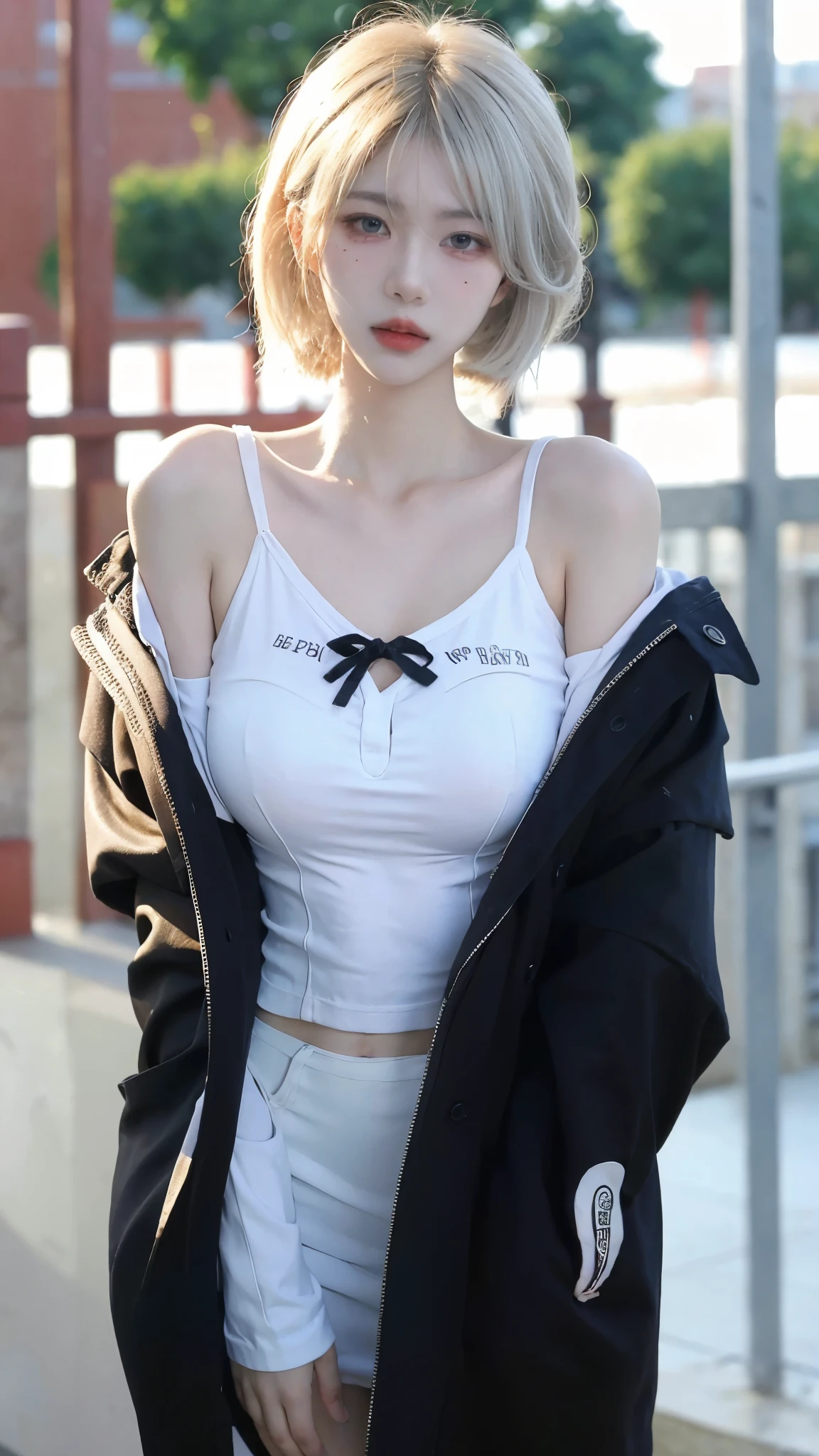 High quality，2k，Beautiful woman，（（Vision：1.4）），Snow-white and translucent skin，Cold and ruthless expression，Have a perfect body：1.4，Layered Hairstyle，Prominent cleavage，Huge breasts，（（：1.5）），whole body，Highly detailed face and skin texture，Double eyelids，Skin Whitening，Long white hair