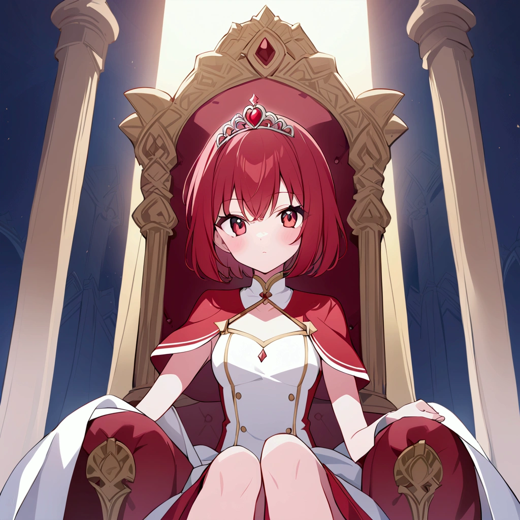 anime girl [2:3] sitting on the throne, with a madras yellow text "SORA" at top , wearing red  and white pincess attire, and wearing tiara", in a kingdom background, short red hair, red eyes