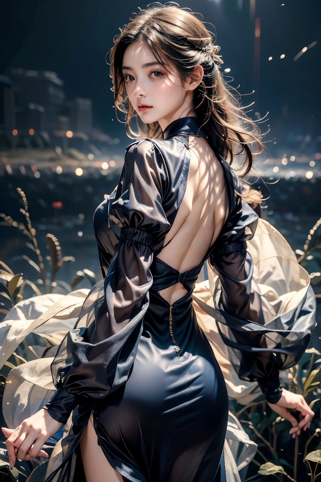 masterpiece, Best Quality, One girl, Alone, Guizhong City_Genshin Impact, default_dress, From behind, Starry sky print, The sleeves reach up to the wrists、Look back、Detailed face、Detailed faceの造り、Super beautiful face、Super beautiful girl、Cute face、Realistic Face