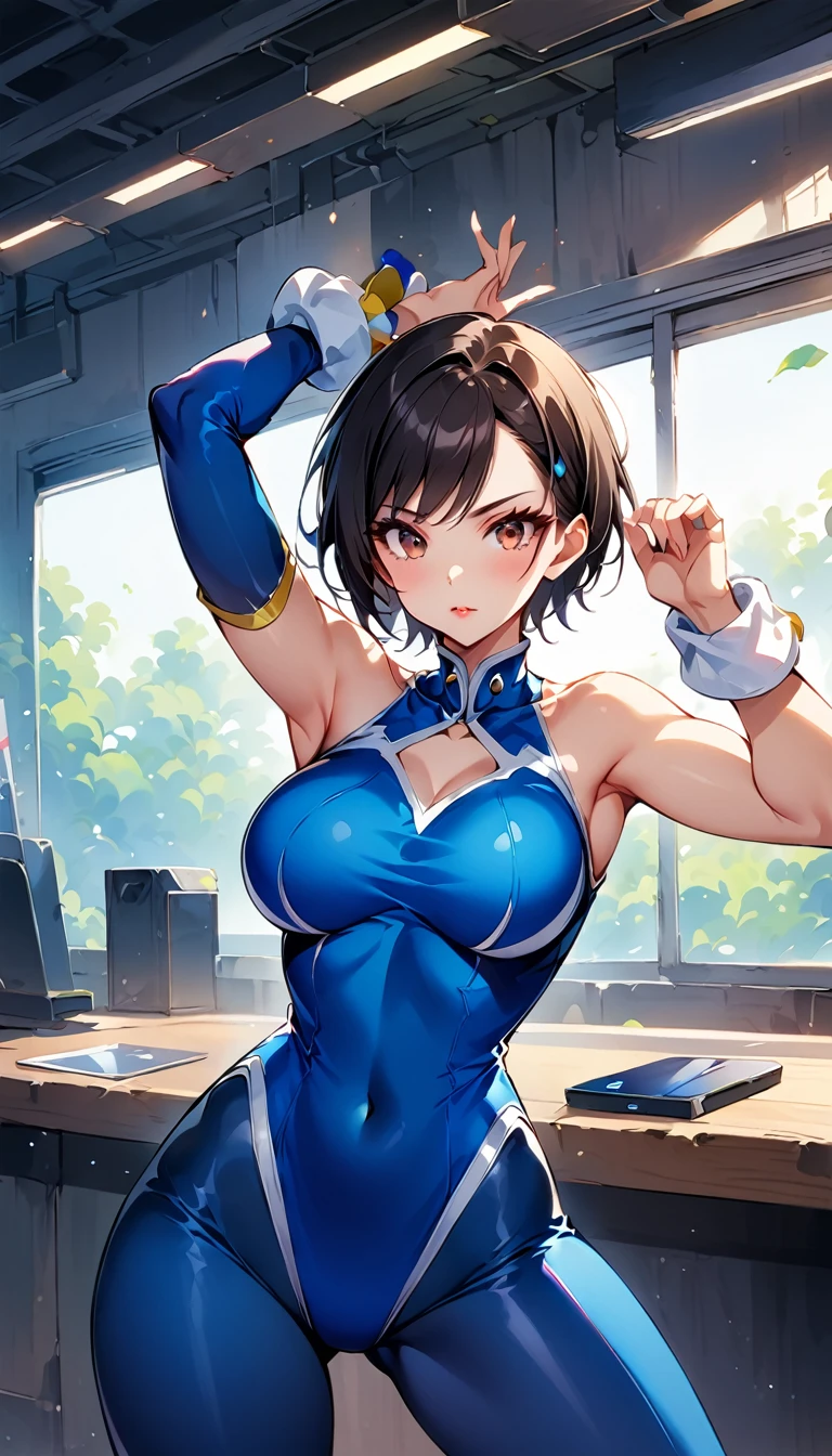 score_9, score_8_up, score_7_up, BREAK, score_9, 1girl, chun-li (\street fighter)\, black hair, brown eyes, makeup, eyelashes, short hair, breasts, looking at viewer, standing pose, lips, alpha_costume, blue bodysuit, blue leotard, blue vest, sleeveless, cowboy shot