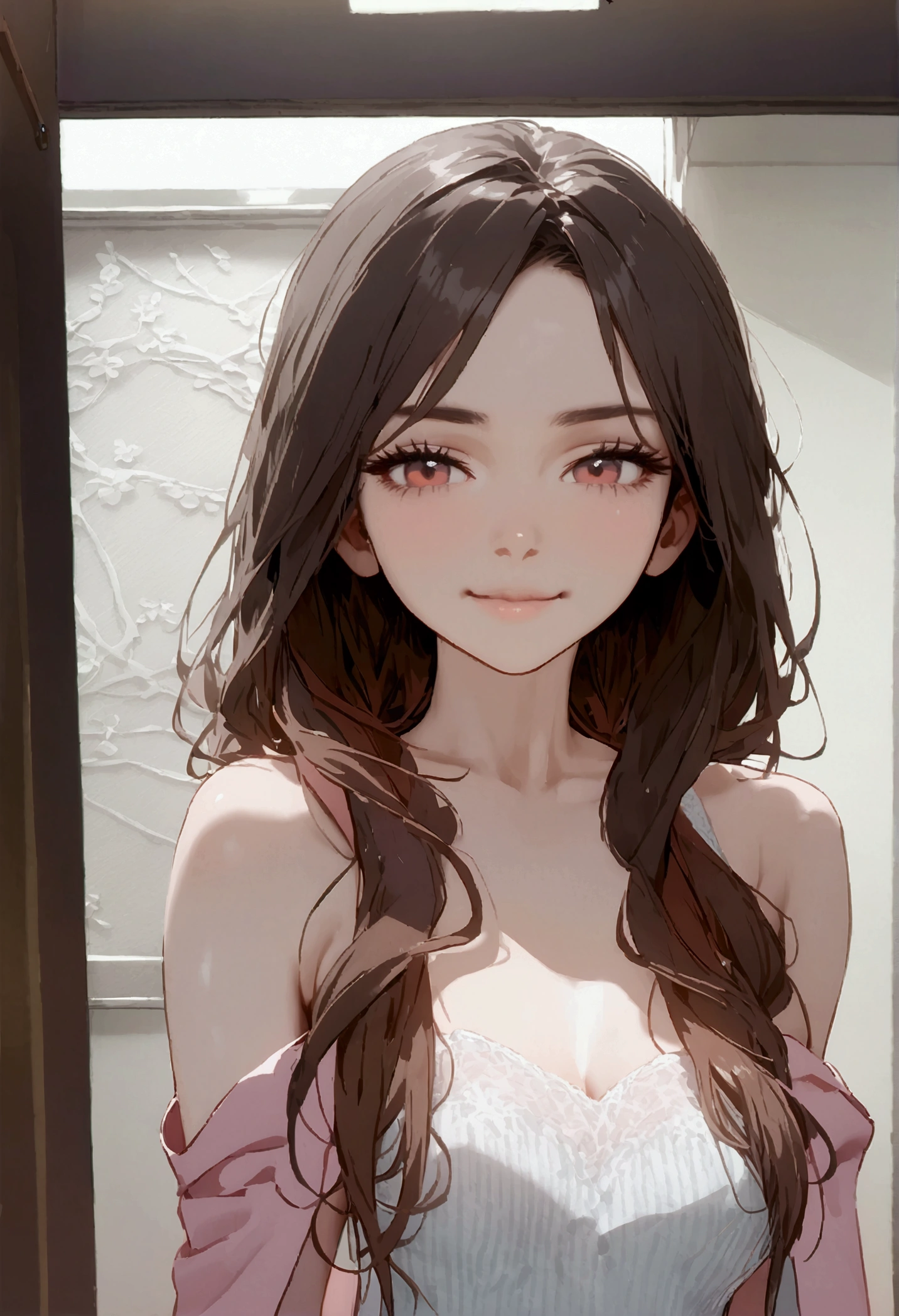 an unparalleled masterpiece、Ultra-realistic 8k CG、perfect artwork、wallpaper、1 Girl Girl Beautiful Girl、alone、beautiful face、
hair ornaments、looking at the viewer、Put a smile on your face、closed your mouth、hair ornaments、headless、jewelry、earrings、Brown hair long hair、all nude