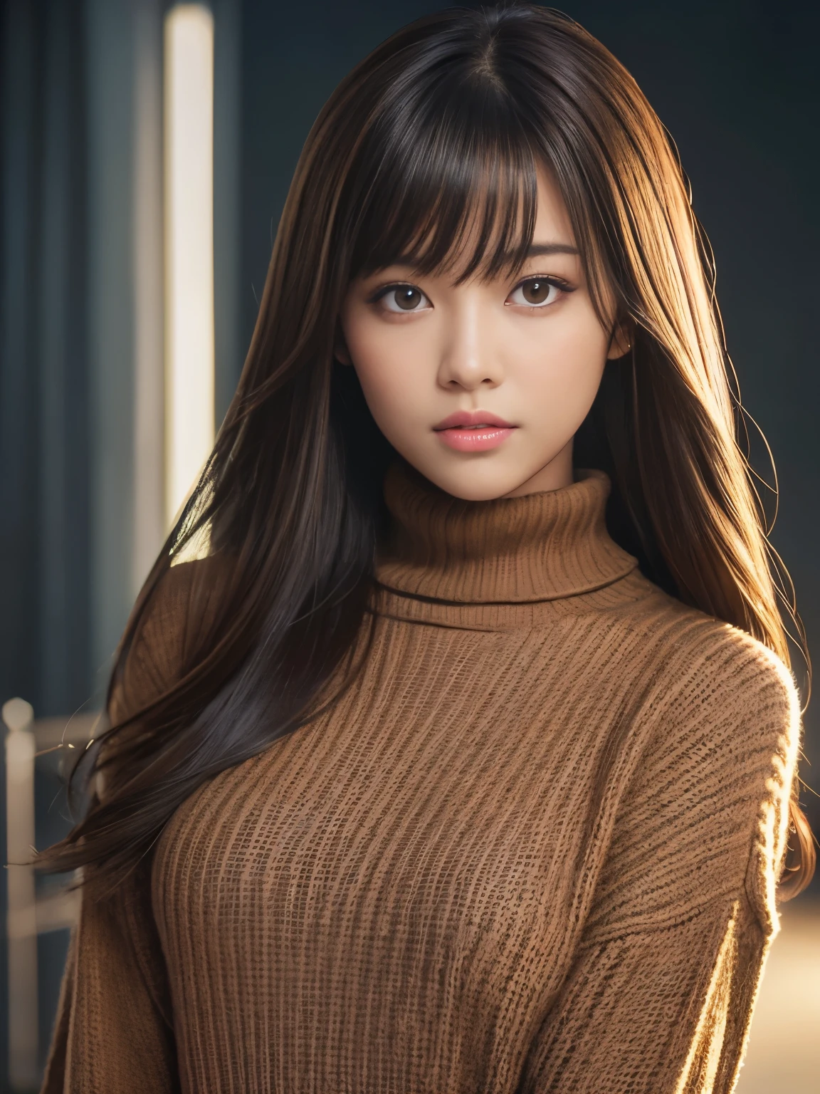 product quality, 1 girl, cowboy shot, front view, a Japanese young pretty girl, at night, wearing a black knitted turtleneck sweater, wearing mini skert, hyper cute face, glossy lips, double eyelids for both eyes, (natural makeup), shiny smooth light brown hair of long hair, asymmetrical bangs, central image, 8K resolution, high detail, detailed hairstyle, detailed face, cinematic lighting, octane rendering, hyper realistic, perfect limbs, perfect anatomy,