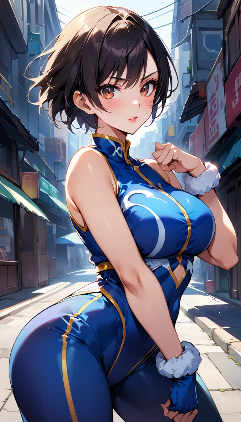 score_9, score_8_up, score_7_up, BREAK, score_9, 1girl, chun-li (\street fighter)\, black hair, brown eyes, makeup, eyelashes, short hair, breasts, looking at viewer, standing pose, lips, alpha_costume, blue bodysuit, blue leotard, blue vest, sleeveless, cowboy shot