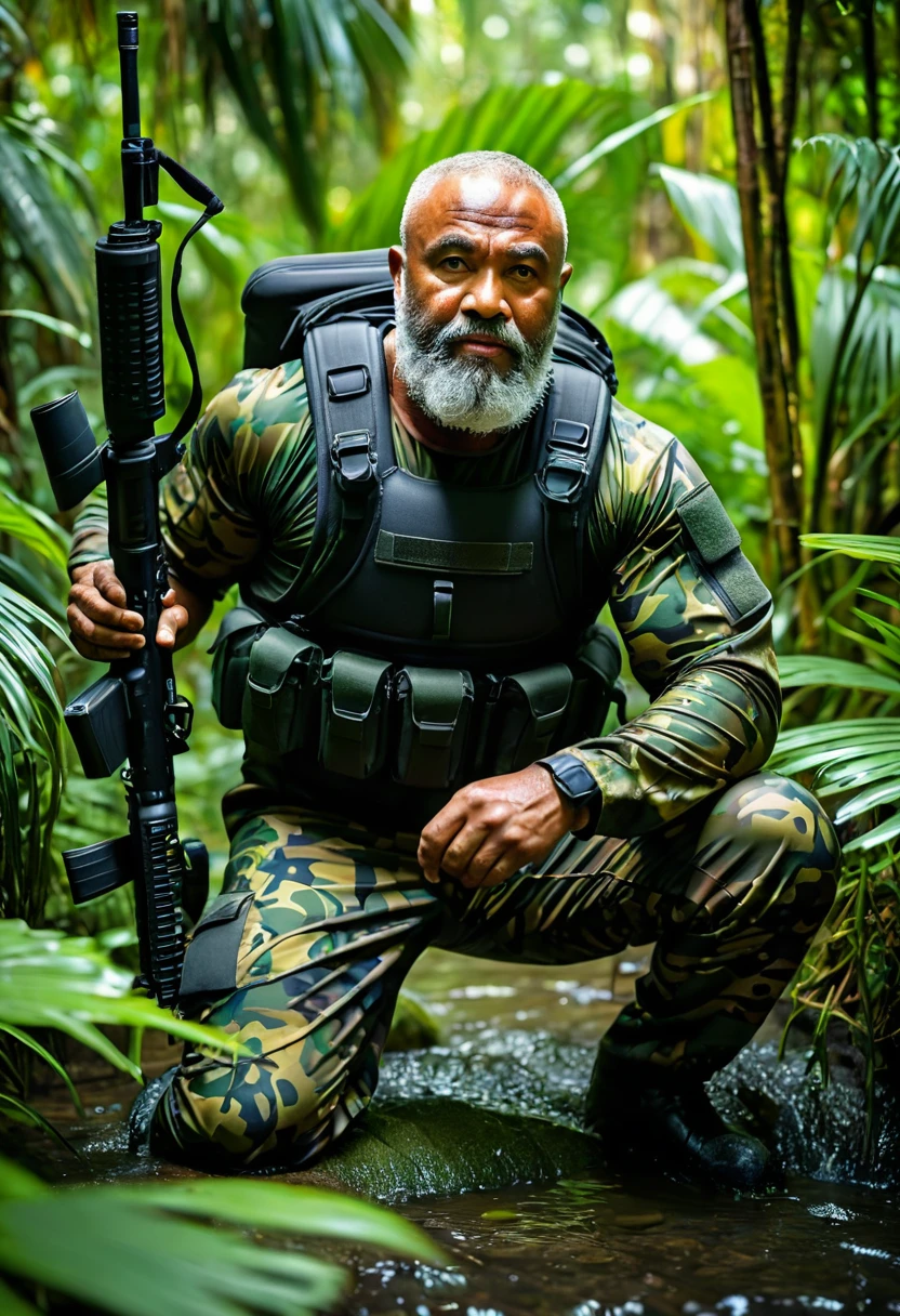 (a dark-skinned fat muscular bearded old man in a skintight camouflage zipper diver suit), thumbs up, carrying a gun holster, muscular, imposing stature, Basuki Abdullah style, sumatraism, action, (a character portrait), heroic, fierce, snarling, vibrant colors, deep shadows, intense lighting, dramatic atmosphere, jungle background with verdant greenery, visual depth, lucid detail, ultra-detailed, ultra-realistic, professional, best quality.