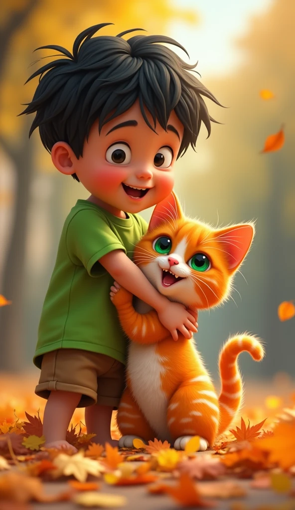 A furry teenager cat with a kid sitting on his tongue 