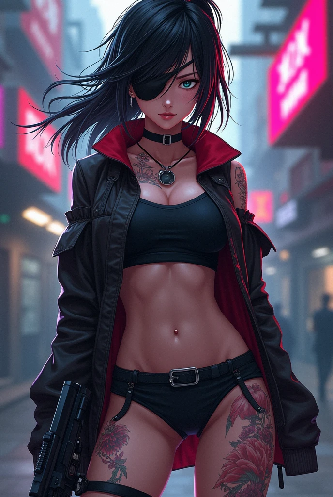Female anime character wearing leather jacket, belly shirt, and panties