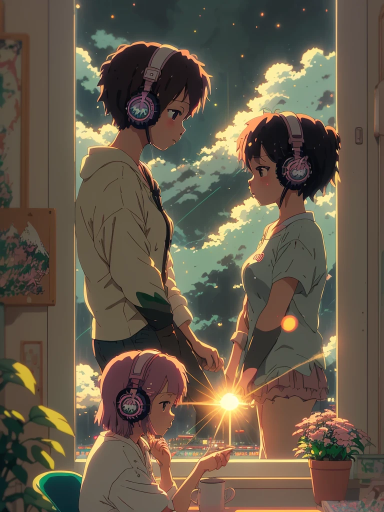 Anime style, (Dreamlike art), (soft focus), Comfortable room atmosphere, Long-haired girl with headphones, [(Dancing Lofi:1.3)|Ambient music], (Anime Art), [Reflective surface:0.8], [(pastel colors:1.2)|Soft tones], [(Attention to detail:1.1)], [illustration:0.7], [(Studio Style Ghibli:1.4)], (Anime character design), [Window light], [(delicate shadow:0.9)], [(The atmosphere is quiet.:1.2)|The atmosphere is quiet.], [(Trending on pixiv:1.2)], [(Anime community approved:1.1)], [(Anime Trade Show:1.3)], [Supernatural glow], [(Focus on the eyes:1.1)], [(character illustration:0.8)], [(Gentle art style)], [(A sense of nostalgia:1.2)], [(Sitting Character:0.7)], [(artistic details:1.1)], [(Depressed mood:1.3)], [(Attention to detail in clothing:1.2)], [(Hair Flow:1.1)], [(Unique headphone design:1.2)], [(Bright background elements:1.1)], [(Anime genre:like:1.4)], [(Trending on DeviantArt:1.1)], [(Inspired by Makoto Shinkai:1.2)], [(Cyberpunk Infusion:0.9)], [(Rainy day atmosphere:1.2)], [(Subtle bokeh:1.1)], [(Anime Girl Pose:0.9)], [(Artistic expression:1.2)], [(Harmony in the color palette:1.1)], [(Nostalgic feeling:1.2)], [(Detailed room decoration:1.1)], [(Trending on artstation:1.1)], [(illustration challenge entry:1.3)] , 1 girl