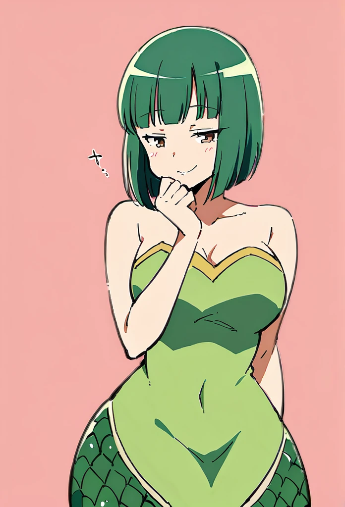 1girl, Solo, Simple background, High Details, Short Hair, Bob Cut, snake eyes, lamia girl,Thinking, Anime Style, (artist: Chuuou Higashiguchi), green dress, smug expression, large Breasts, POV